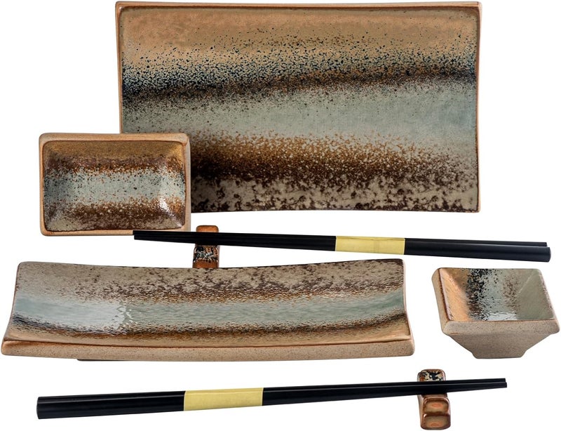 UNICASA Japanese Style Sushi Plate Set 8 Piece, Ceramic Sushi Dishes Serving Set, Include 2 Sushi Plates, 2 Sauce Dishes, 2 Pairs of Chopsticks, 2 Chopsticks Holders - Image 1